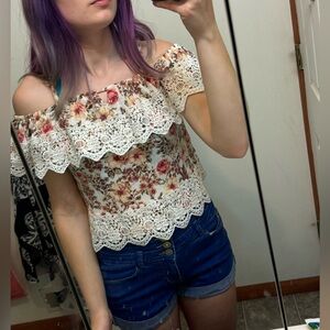 Floral cold shoulder lace tank top